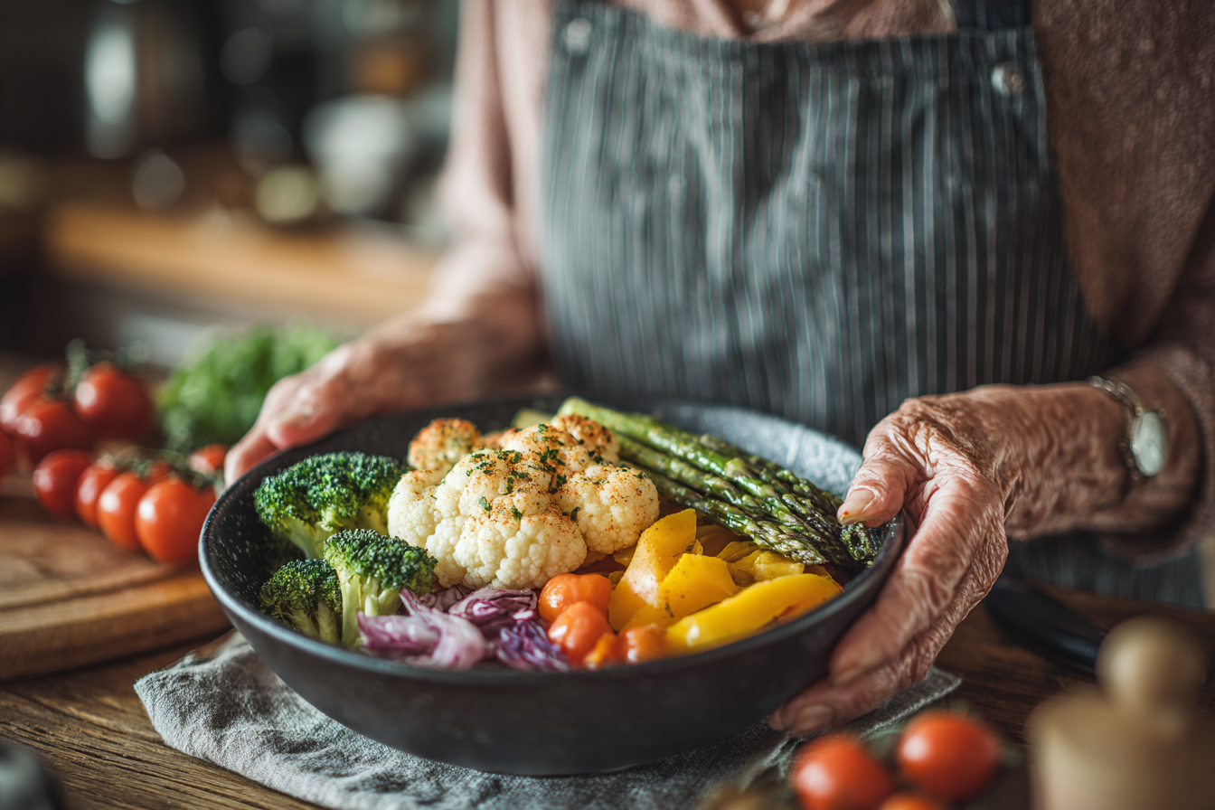 Многопоколенная семья собралась за обеденным столом с здоровой едой